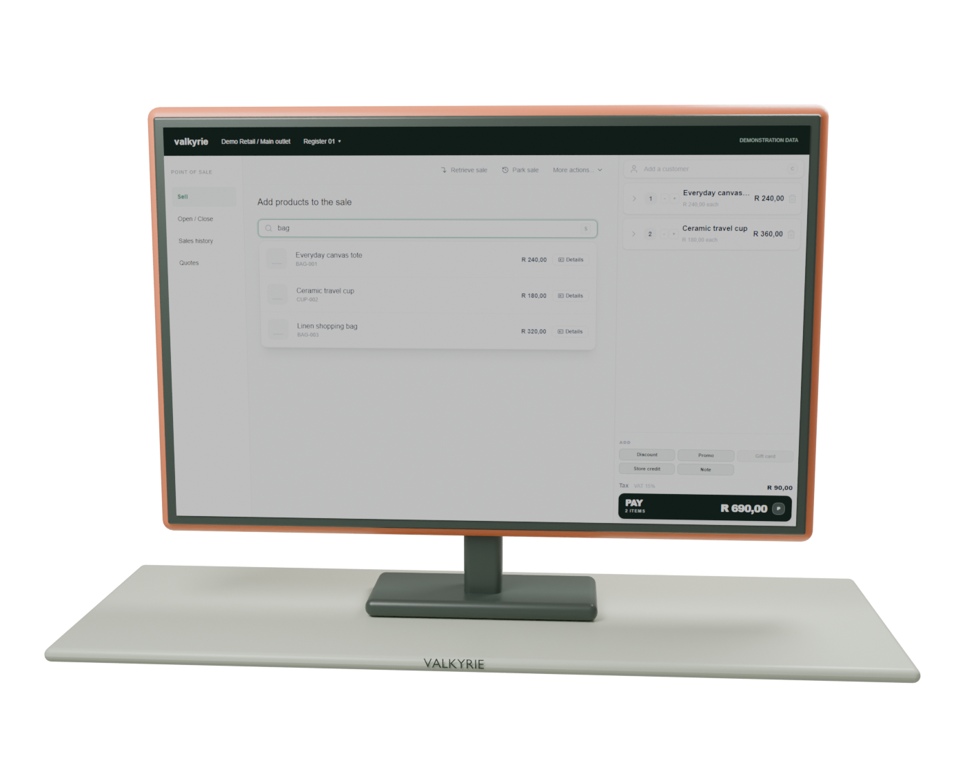 Valkyrie POS on a sculpted retail terminal, showing the real product search and shopping cart with sample data
